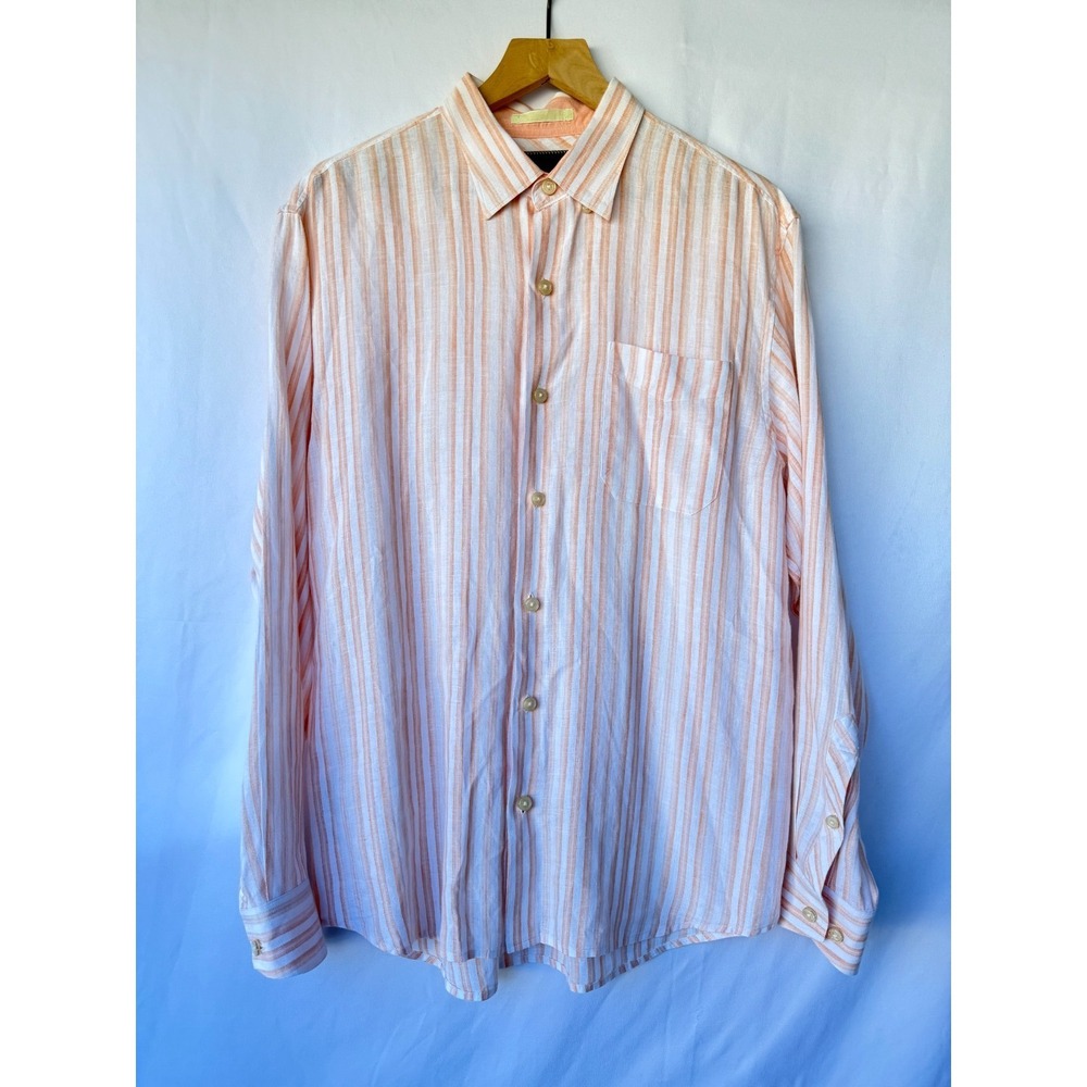 Tommy Bahama Button Up Shirt Men M Orange Striped Linen Coastal Beachy Old Money